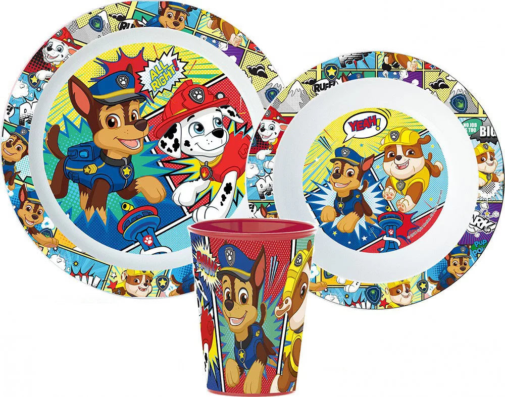 Paw Patrol Comic Geschirrset, Mikrowellenkunststoff-Set, Becher 260 ml